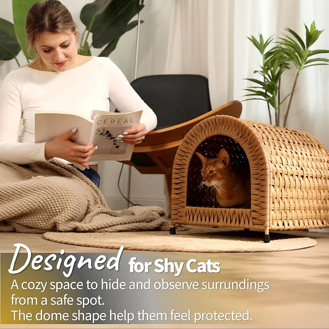 Handwoven Wicker Cat Bed for Cats up to 20 lb, 14.2" H × 14.2" W × 16.5" D | Dome shaped hideaway for cats to feel safe. Woven wicker and raised base for airflow. Natural furniture look. Rinse clean.