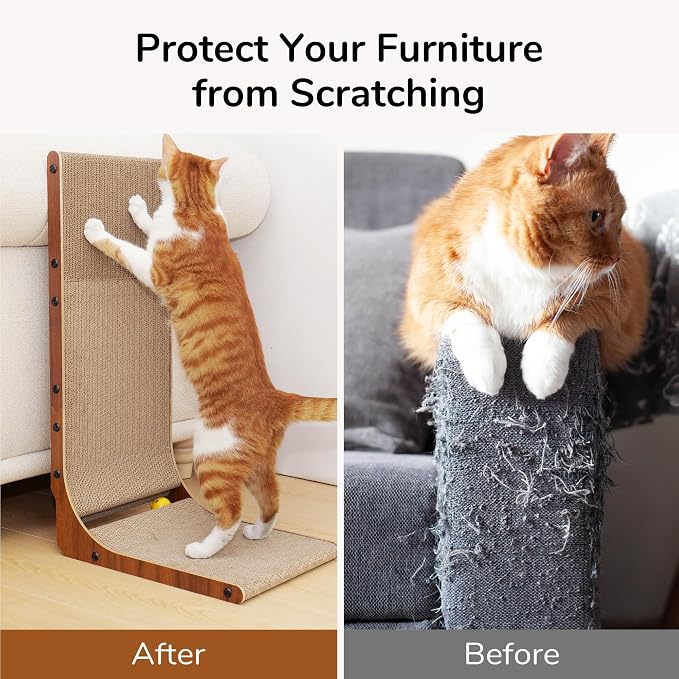 FUKUMARU Cat Scratcher for Indoor Cats, 26.8 Inch Cat Scratch Pad L Shaped | Cardboard Cat Scratcher, Vertical Cat Scratching Board with Ball Toy, Walnut Color, 1 Pack