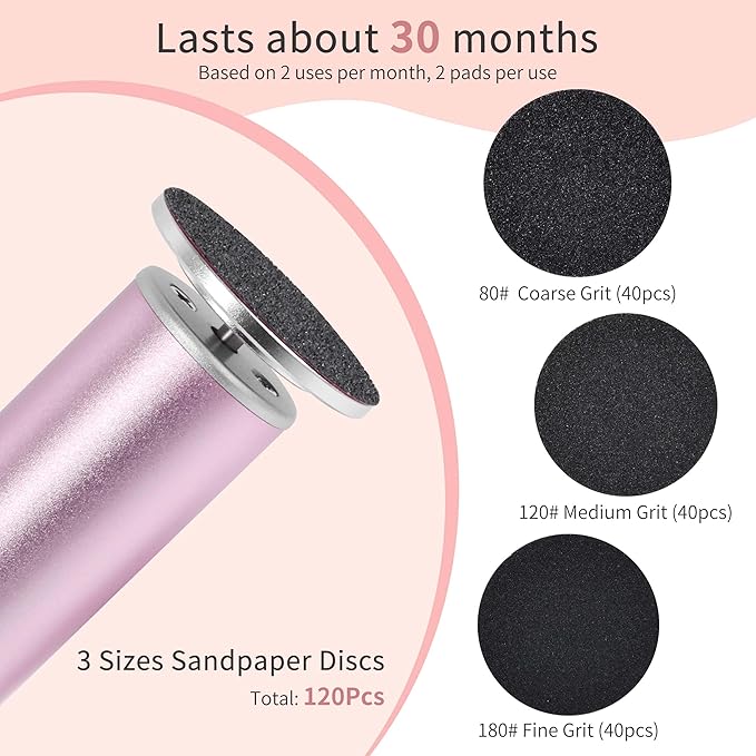 AprElm Rechargeable Electric Foot Callus Remover with 3-Sizes 120Pcs Sandpaper Discs, Professional 900RPM 3-Speed Control Aluminum Electric Foot File (E3 Rose Pink)