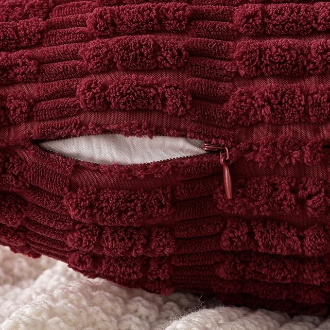 MIULEE Euro Sham Corduroy Decorative Throw Pillow Covers 22x22 Burgundy | Pack of 2 Soft Boho Striped Pillow Covers Modern Farmhouse Home Decor For Sofa Living Room Couch Bed