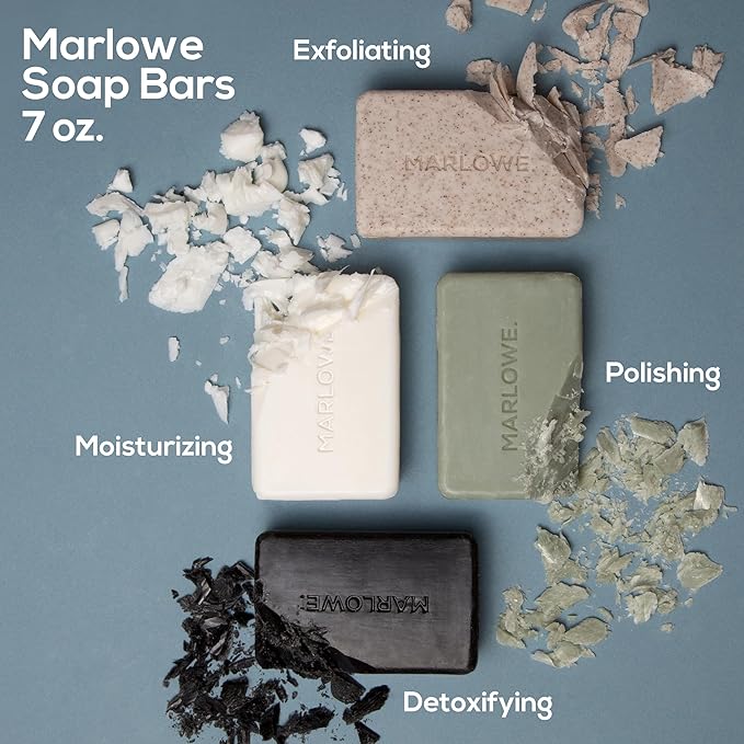 MARLOWE. No. 102 Body Scrub Soap 7 oz (3 Bars), Santal, Exfoliating Soap Bar with Shea Butter, Olive Oil & Green Tea Extracts, Cleanses, Smooths & Revitalizes Skin, Warm Amber, Spice & Citron Scent