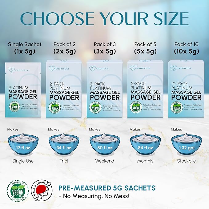 Nuru Massage Gel Powder & Bowl Set | 10 × 5g Platinum Sachets + Stainless Steel Mixing Bowl | Japanese-Made Powder | Vegan | Paraben & Glycerin Free | Makes 1.32 Gallons