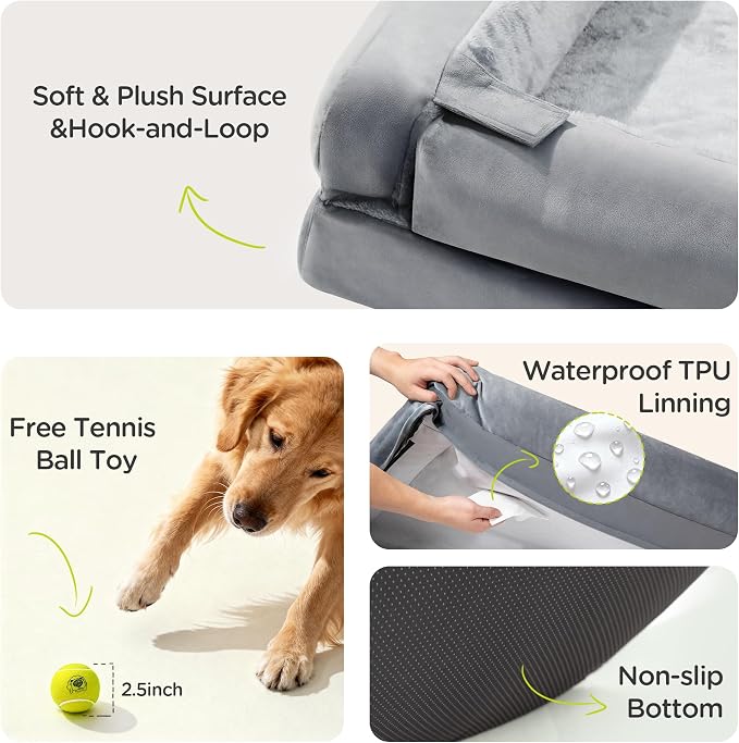 Waterproof Orthopedic Dog Bed for Medium Large Sized Dogs | Memory Foam Pet Bed Sofa with Bolster, Dog Couch with Washable Cover & Non-Slip Bottom, 30x20 Inch, Grey