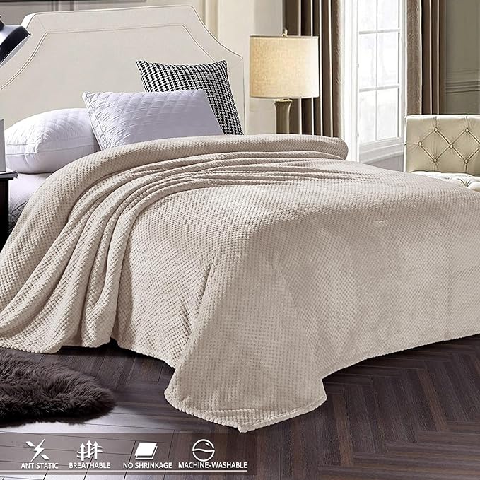 Exclusivo Mezcla Soft Waffle Fleece Bed Blanket Twin Size, Tan | Lightweight Plush Blanket for Bed, Couch, Sofa, Cozy Fluffy Design for Bedroom, Guest Room, All Season, 60x80 Inches