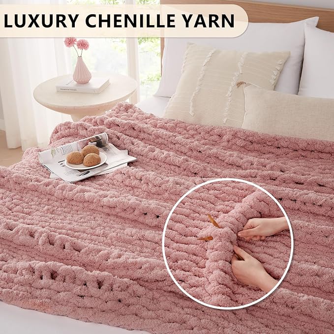 L'AGRATY Chunky Knit Throw Blanket for Couch, 60 x 80 Inches, Rose Pink | Handmade Chenille Crochet Blanket for Sofa Bed, Thick Cable Knitted Blankets for Room Home Decor, Birthday Gift for Women Mom