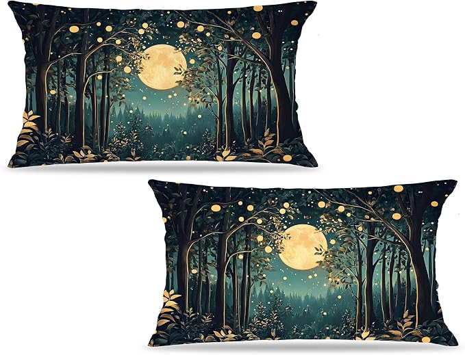 Rustic William Morris Inspired Night Moon Forest Decor Pillow Covers 20x12 Set of 2,Vintage Black and Gold Nature Landscape Botanical Decorative Throw Pillow Covers for Home Bedroom Living Room