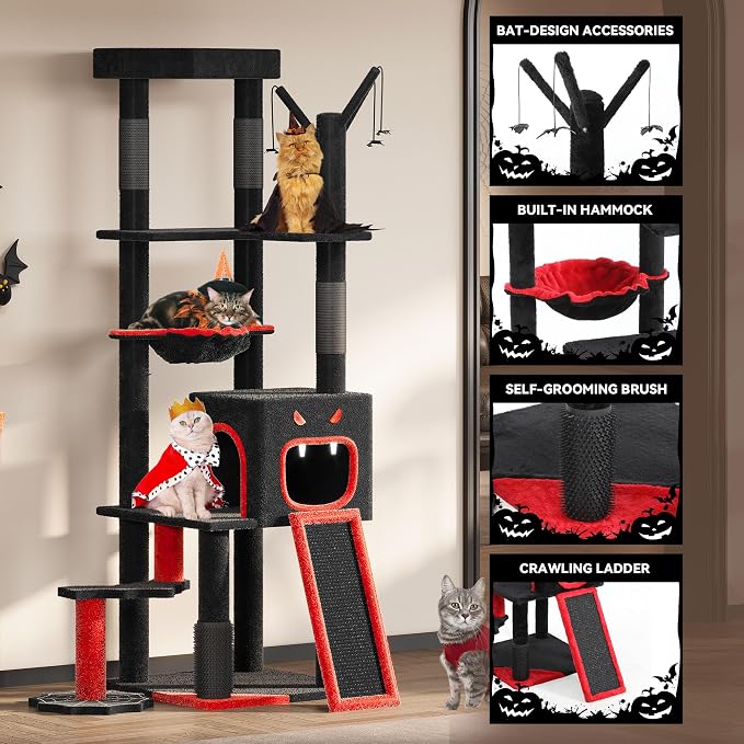 YITAHOME Gothic Cat Tree with Coffin Bed, 60" Tall Cat Tower for Indoor Cats with Top Perch, Spacious Cat Condos, Spider Hanging Balls,Comfy Basket, Scratching Post and Ladder, Black Halloween