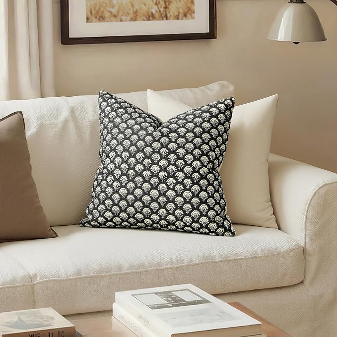 MIULEE Floral Print Decorative Euro Pillow Covers 22x22, Black | Vintage Boho Farmhouse Modern Home Decor, Set of 2, Block Print Cushion Covers for Couch Sofa Bed Living Room