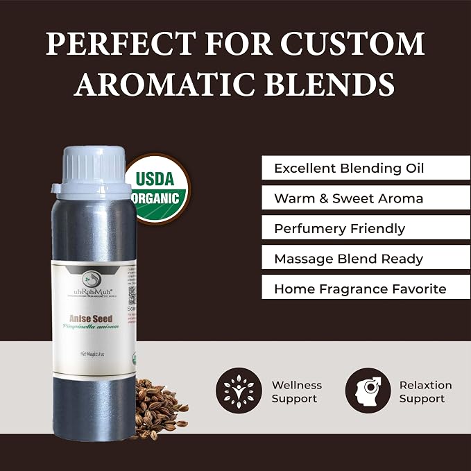 Anise Seed Organic Essential Oil - Steam Distilled Pure Pimpinella Anisum Oil for Aromatherapy, Diffusers, Soap Making, Candle Making, Cosmetic Formulations Massage DIY Personal Care - Spain - 8 Fl Oz