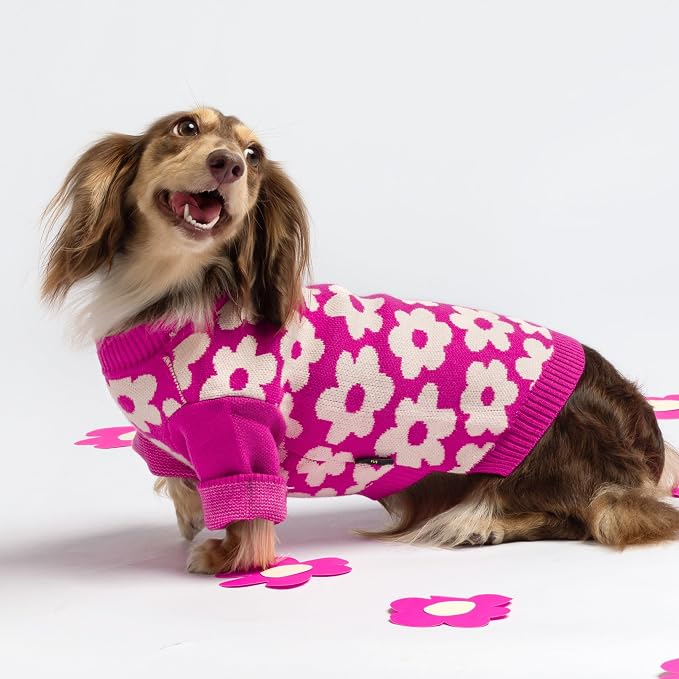 Fitwarm Floral Dog Sweater, Thermal Sweatshirt, Winter Clothes for Small Dogs Girl, Pullover Jumper, Pet Outfit, Hot Pink, White, XS