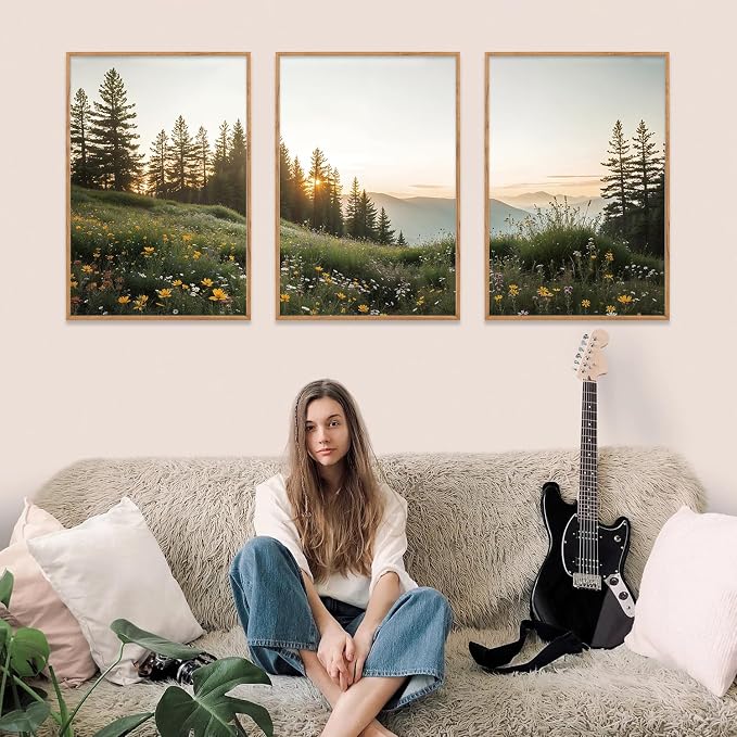 FWIEXA Mountain Canvas Wall Art Set, Framed Forest Nature Wall Decor, 3 Piece Landscape Paintings Artwork, 16x24 Inches Wildflower Pictures for Living Room, Bedroom, Office
