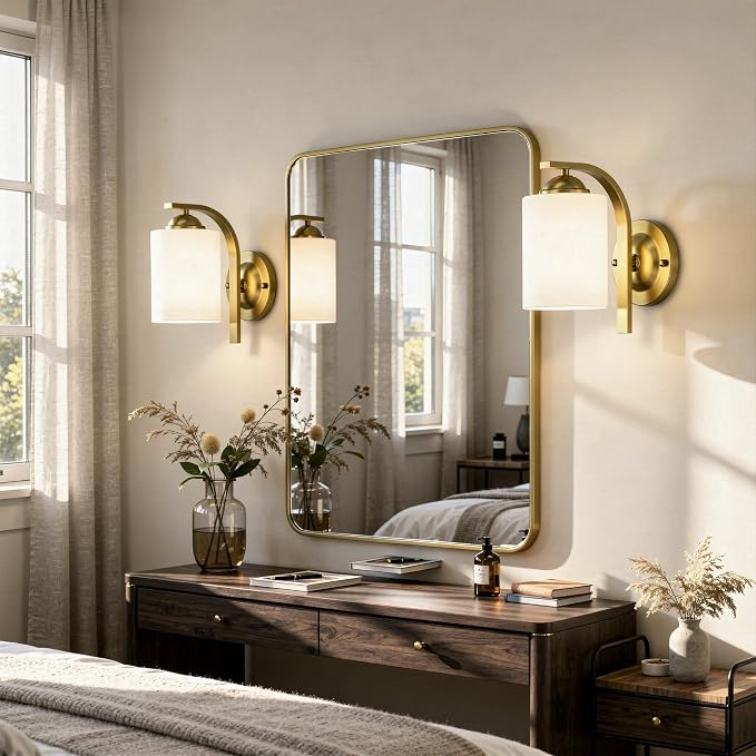 2-Pack Wall Sconces for Bedroom and Bathroom, Gold Farmhouse Wall Light Fixtures with Glass Shade, Modern Vanity Wall Lamps for Living Room, Hallway, Kitchen
