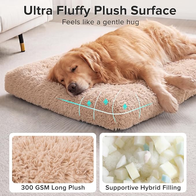 JOEJOY Dog Bed Crate Pad, Deluxe Plush Washable Dog Beds Fulffy Soft Kennel Pad Anti-Slip Pet Sleeping Mat for Medium Small Dogs, 29" x 21", Beige