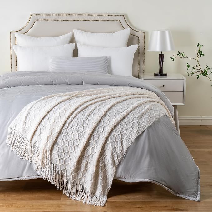 BATTILO HOME Ivory White Throw Blankets for Couch, Off White Lightweight Decorative Blankets and Throws, Boho Warm Knit Blanket for Men and Women, 50"x60"