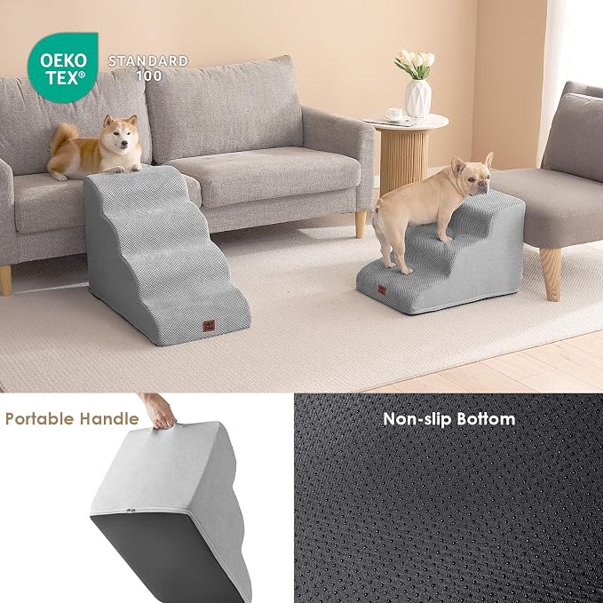 EHEYCIGA Curved Dog Stairs Ramp, 3-Step Dog Steps, 15.7" H Pet Step | 33D density of pure foam, for Small Dogs and Cats, Pet Stairs for High Bed Climbing, Non-Slip Balanced Indoor, Light Grey