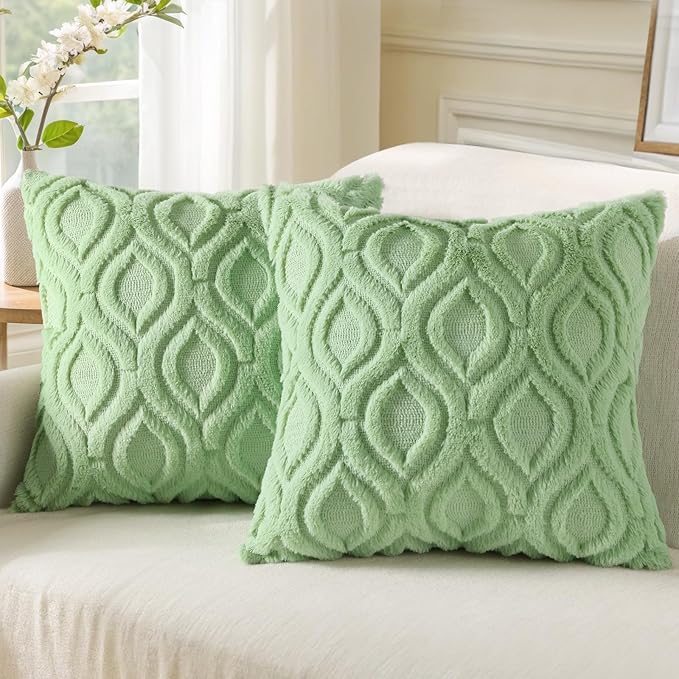 decorUhome Faux Fur Light Sage Green Throw Pillow Covers 24x24 Set of 2 | Plush Solid Fall Couch Pillow Covers, Accent Modern Farmhouse Neutral Decorative Soft Pillow Cases for Sofa Bed Living Room