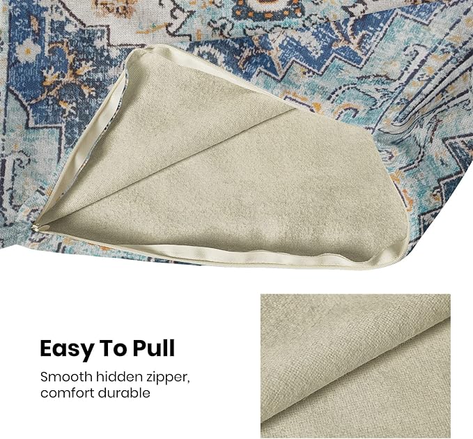 AEIOAE Boho Pillow Covers 20x20 Inch Set of 2,Carpet Pattern Throw Pillows Case,Blue Yellow Ethnic Design Outdoor Decorative Square Linen Farmhouse Decor Cushion Covers for Home Sofa Bed Couch