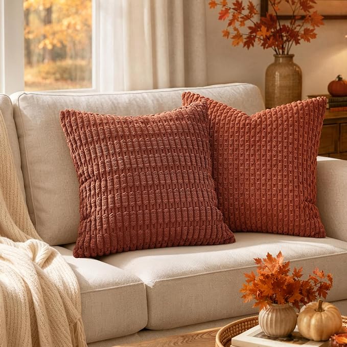 MIULEE Fall Decorative Throw Pillow Covers 20x20 Dark Rust Pack of 2 | Terracotta Soft Corduroy Boho Striped Pillow Covers Modern Farmhouse Autumn Home Decor For Sofa Living Room Couch Bed