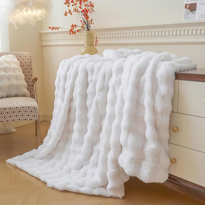 LIFEREVO Luxury Fluffy Faux Rabbit Fur Throw Blanket 60x80, White | Plush Fuzzy Bubble Lap Throw for Couch Sofa Office, Soft Cozy Furry Bed Blanket Home Decoration, Washable & Skin-friendly
