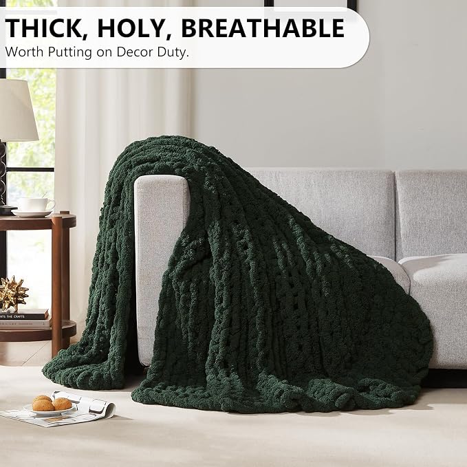 L'AGRATY Chunky Knit Throw Blanket for Couch, 80 x 90 Inches, Olive Green | Handmade Chenille Crochet Blanket for Sofa Bed, Thick Cable Knitted Blankets for Room Home Decor, Birthday Gift for Women Mom