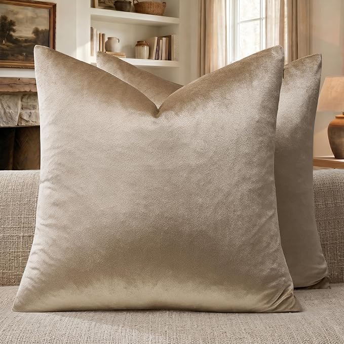 GIGIZAZA Taupe Velvet Pillow Covers 16x16 Decorative Pillows Pack of 2 | Natural Throw Pillows for Couch Sofa,280gsm Soft Textured Fabric,Luxury Modern Square Pillowcases,Luxury Cushion Covers