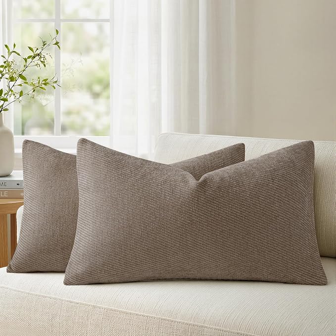 a moment Pack of 2 Decorative Chenille Throw Pillow Covers with Twill Cushion Covers for Sofa Living Room Couch Bed 12x20 Inch Dark Brown
