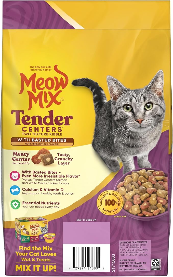 Meow Mix Tender Centers, Dry Cat Food, Chicken & Tuna Flavors, 4 Bags | 3-lb bags, two texture kibble, meaty center surrounded by a crunchy outer layer, basted bites for irresistible flavor