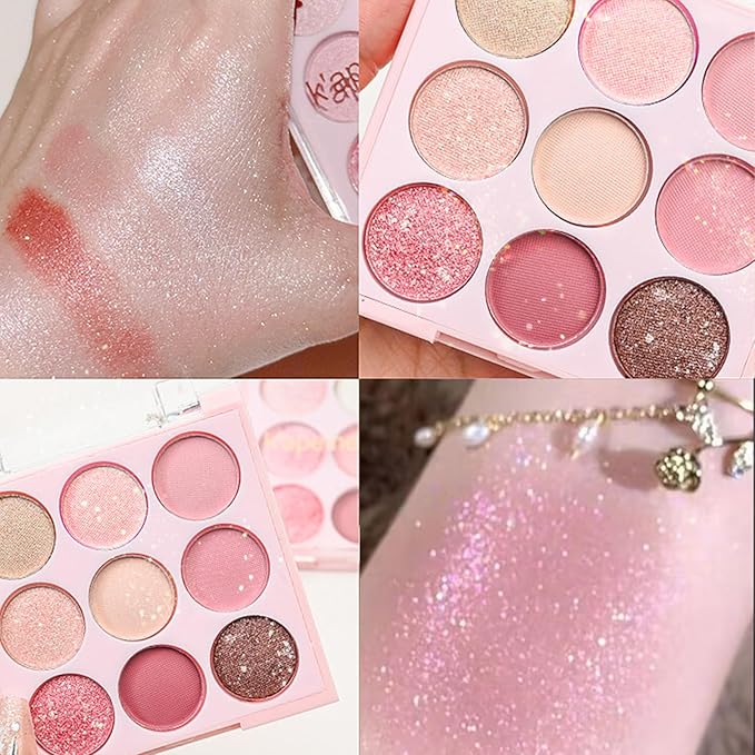 9 Colors Shimmer Eyeshadow Makeup Palette, Matte Nude Neutral Eye Shadow Palettes, Highly Pigmented Long Lasting Waterproof Blendable, sombras para ojos Pink Golden Brown Eye Glitter