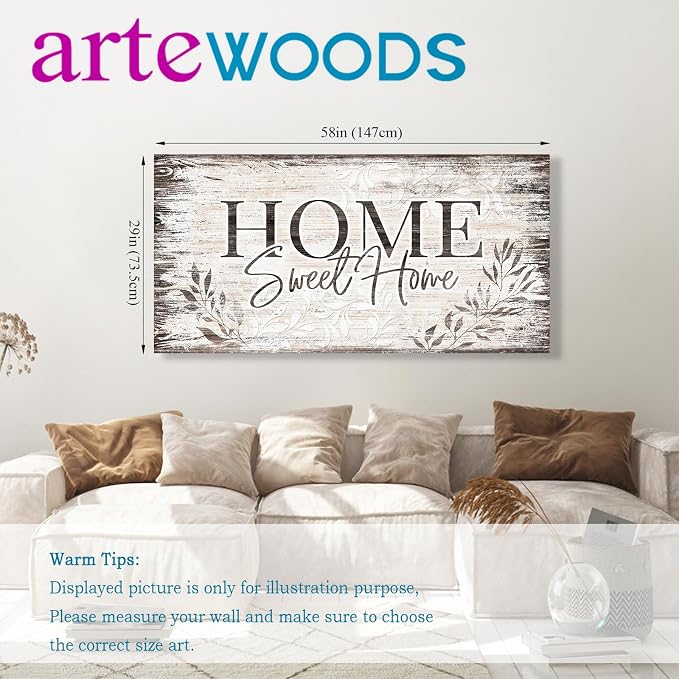 arteWOODS Home Sweet Home Wall Art Sign Large Dark Brown Farmhouse Wall Sign for Living Room Decoration Wooden Board Design Canvas Prints Modern Rustic Artwork Leaf Pictures Wall Decor 29" x 58"