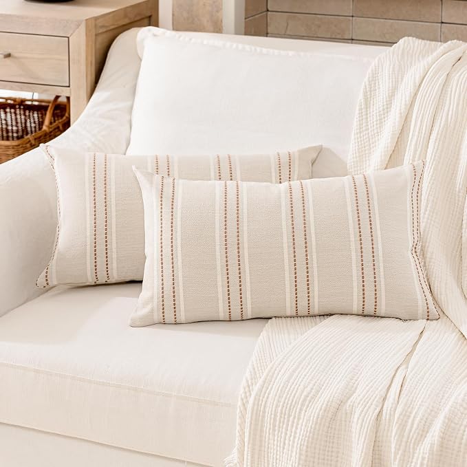 Hckot Terracotta Throw Pillow Covers 12x20 Set of 2 Striped Pillow Covers | Farmhouse Decorative Pillows Textured Linen Square Cushion Covers for Sofa Couch Bed Living Room Decor(Camel)