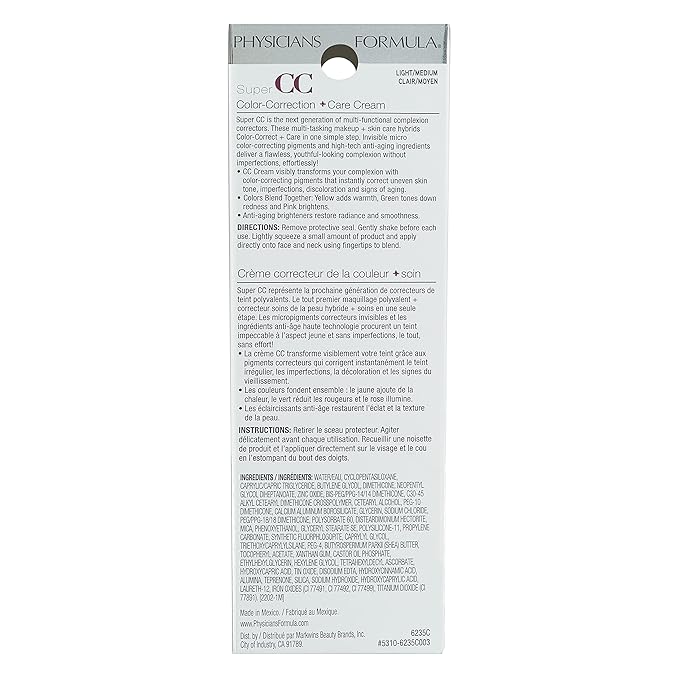 Physicians Formula Super CC+ Cream Color-Correction + Care Cream Full Coverage Light Foundation, Anti Aging Hydrating Serum, For Uneven Skin Tone, Dermatologist Approved
