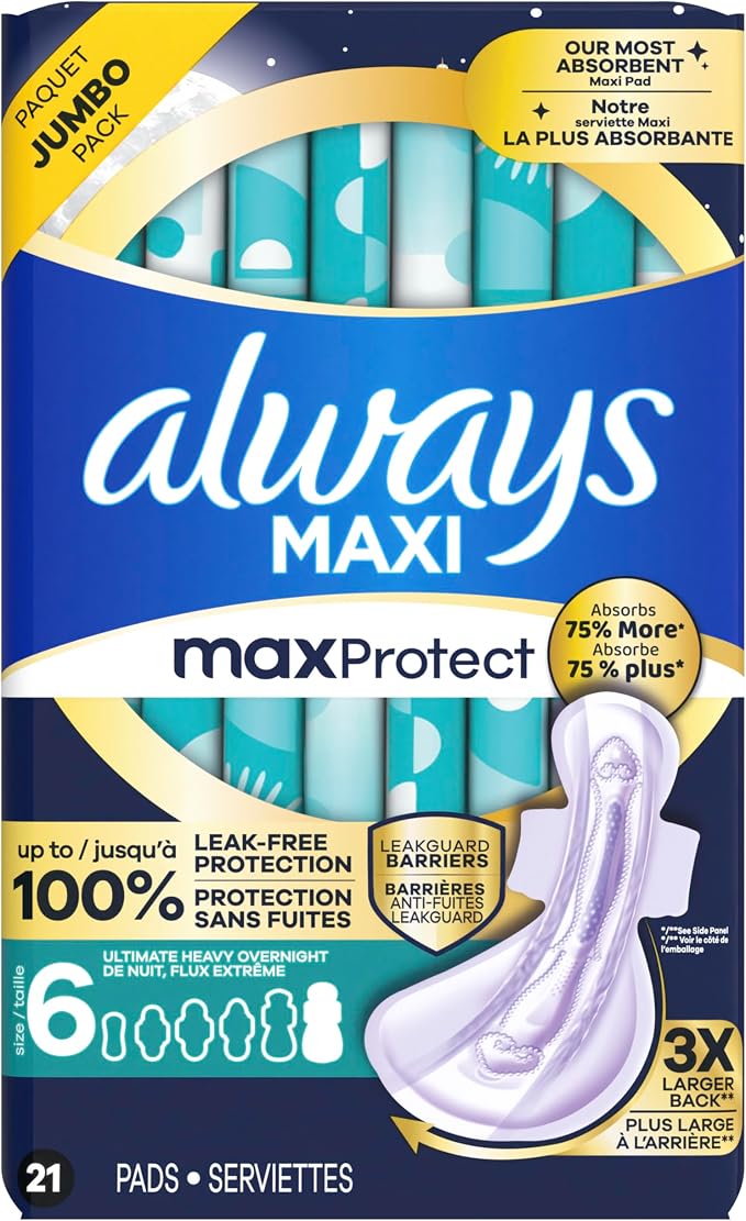 Always Maxi Overnight Feminine Pads with Wings for Women, Size 6, Ultimate Heavy Overnight Absorbency, Unscented, Up to 100% Leak-Free Protection, 21 Count