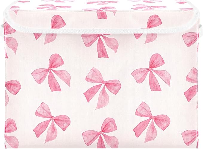 Pink Bow Storage Bins with Lids and Carrying Handle,Foldable Storage Boxes Organizer Containers Baskets Cube with Cover for Home Bedroom Closet Office