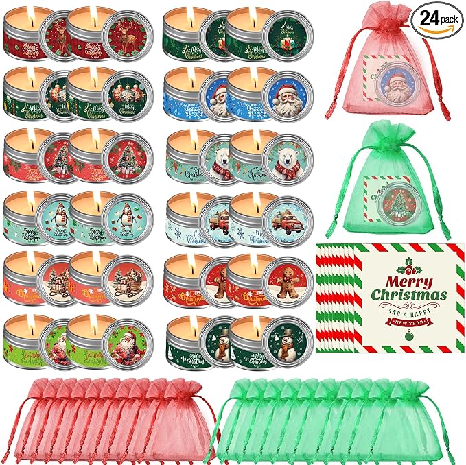 MTLEE 24 Sets Christmas Scented Soy Wax Candles Aromatherapy Candles with Organza Bag and Cards Bulk, Portable Travel Tin Candle Party Favors Christmas Gifts for New Year Home Supplies(Retro)