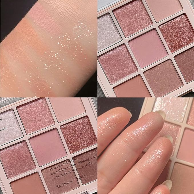 9 Colors Glitter Shimmer Eyeshadow Makeup Palette, Korean Natural Eye Shadow Palettes Highly Pigmented Long Lasting Waterproof Blendable sombras para ojos Pink Golden Brown Women Girls Eye Shadow