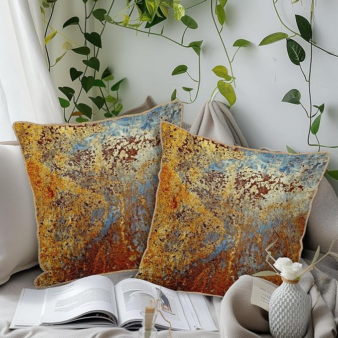 KSLIDS Brown Rust Soft Velvet Throw Pillow Covers Set of 2 Gold Orange Teal Rustic Decorative Pillow Covers 20x20 Inch Rusty Copper Metallic Bronze Pillow Case for Sofa Couch Living Room Home Decor