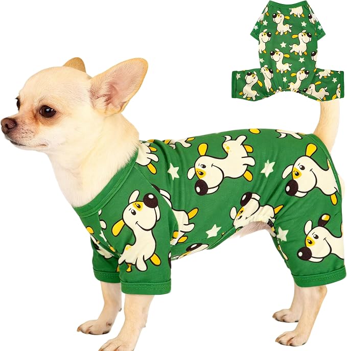 Dog Pajamas Summer Cute Print Puppy Jumpsuit Thin Dog Onesie Small Dog Clothes with Comfy & Elastic Frbic Puppy Pjs(Green Puppy, X-Small)