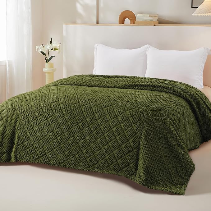 Whale Flotilla Soft Fleece Twin Size Blanket for Bed, Olive | Jacquard Waffle Blankets for Home Decor, Lightweight and Cozy, All Season Suitable, 60x80 Inch