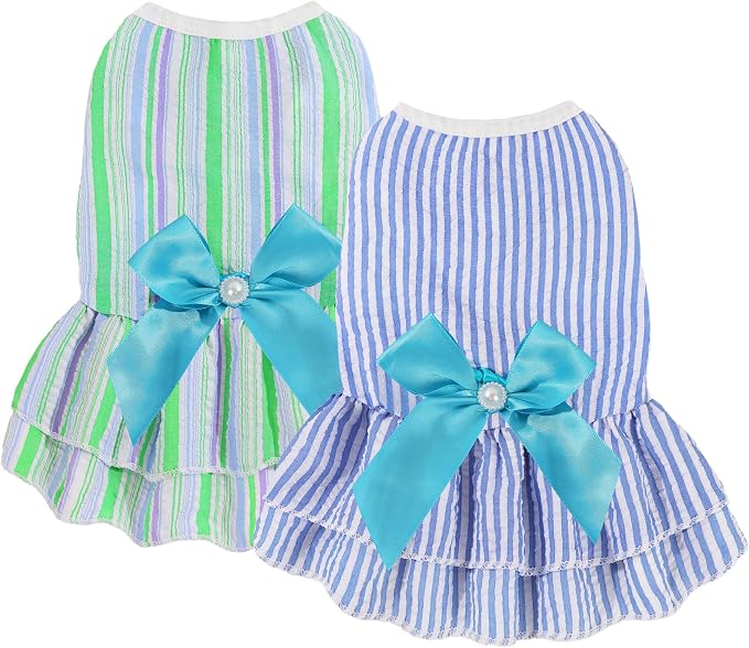 Dog Dress, Cute Pet Princess Dresses with Bright Color Design, Sweet Bowknot, Dog Clothes for Small Dogs Girl, Breathable & Lightweight, for Spring Summer, 2 Pack (Green Blue, Large)