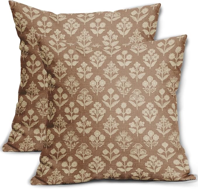 Brown Floral Block Print Pillow Covers 20x20 Inch Set of 2, Vintage Flower Pattern Decorative Throw Pillowcases Outdoor Farmhouse Cushion Covers Spring Summer Rustic Sofa Couch Bed Decor