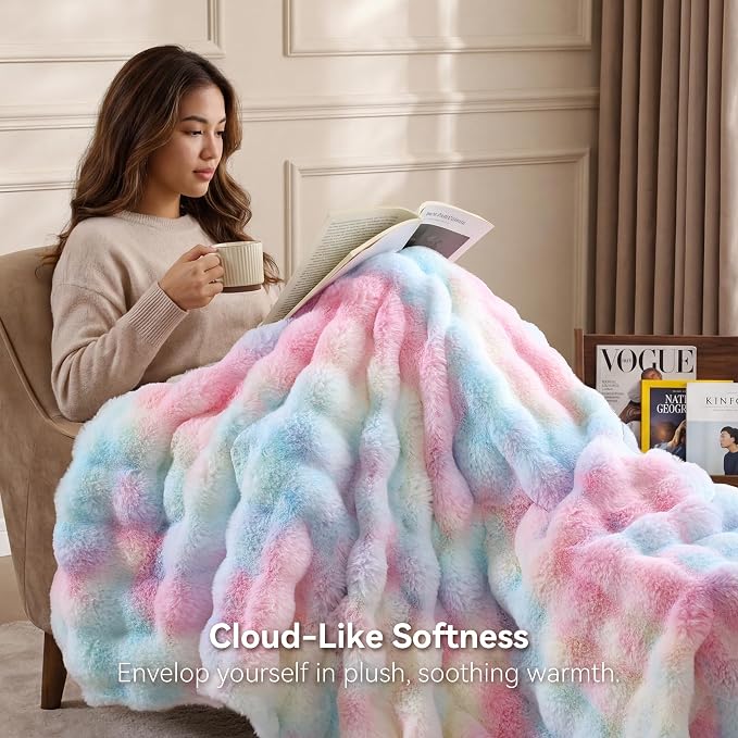 Faux Rabbit Fur Throw for Couch - Rainbow Bubble Blanket 50"x60" | Fluffy Plush Fuzzy Colorful Throw for Sofa & Bed, Super Soft Cozy Comfrt Blanket, Luxury Rainbow Decor Gift for Women