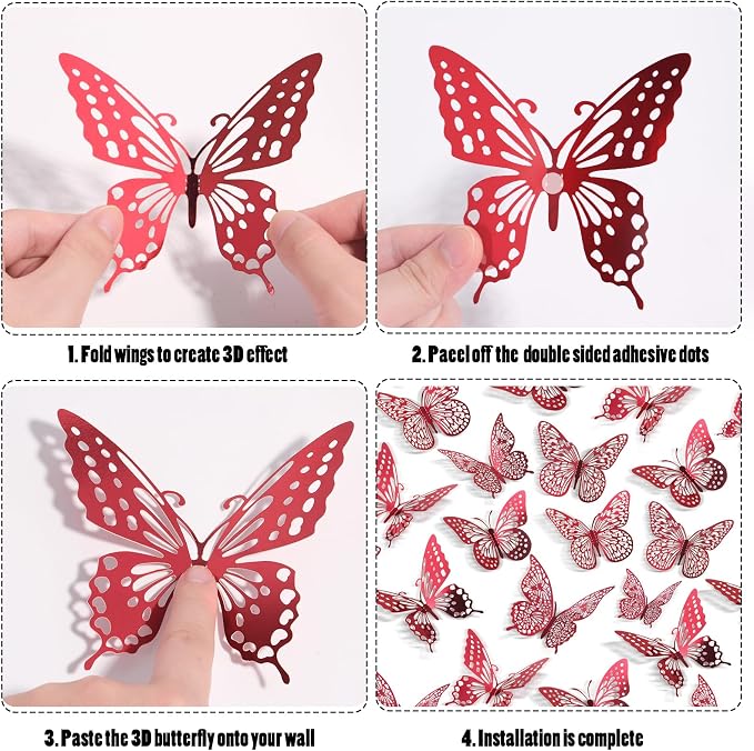 SAOROPEB 3D Butterfly Wall Decor 48 Pcs Blood Red Butterfly Decorations | 4 Styles 3 Sizes, Butterfly Birthday Decorations Butterfly Party Decorations Cake Decorations, Removable Stickers