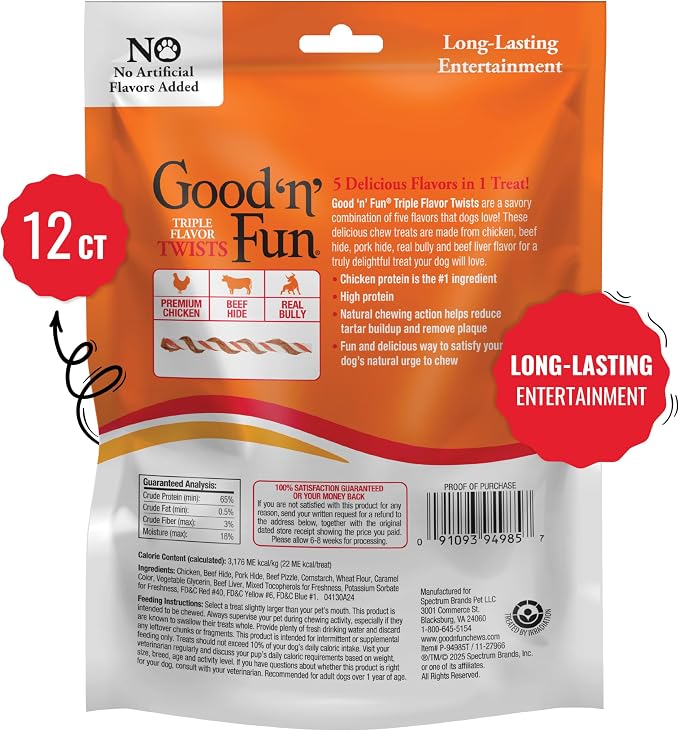 GOOD 'N' FUN Twists Long-Lasting Dog Treat with Real Bully, 12 Count | Premium Chicken, Bully & Beef Hide Chew, High Protein Supports Strong Muscles and Healthy Immune System, For Adult Dogs