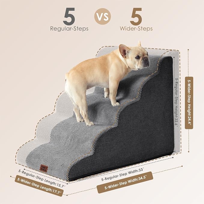 EHEYCIGA Curved Dog Stairs Ramp, 5-Step Extra Wide High Beds, Pet Step | 33D density of pure foam, for Small Dogs and Cats, Pet Stairs for High Bed Climbing, Non-Slip Balanced Pet Step Indoor, Grey