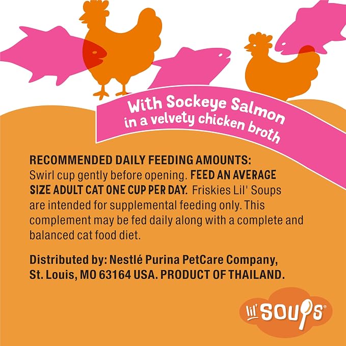 Friskies Purina Grain Free Lickable Cat Food Toppers Lil’ Soups with Sockeye Salmon in Chicken Broth - 1.2 oz. Cups,(Pack of 16)
