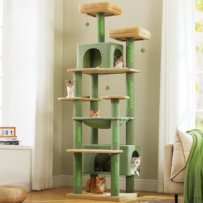 PAWZ Road 81" Cactus Cat Tree XXL Condo Hammock &2 Perches for Adult Cats | green large cat tree tower, 20"×16" hammock for maine cats, cute cat tower large condos,7 scratch posts & bottom scratcher