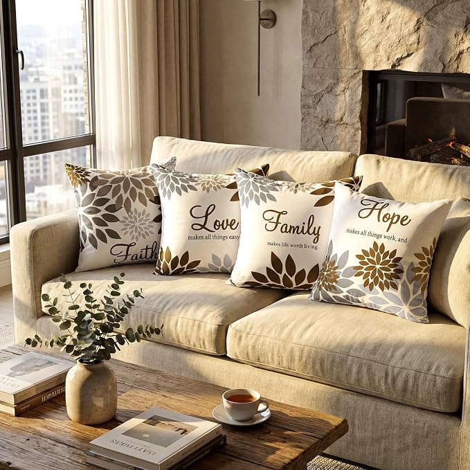 Tatuo 4 Pcs Flower Pillow Covers Square Summer Pillow Cushion Cases 18 x 18 Inch Family Faith Hope Love Words Decorative Spring Winter Cushion Case for Bed Couch Sofa Living Room(Dark Brown Series)