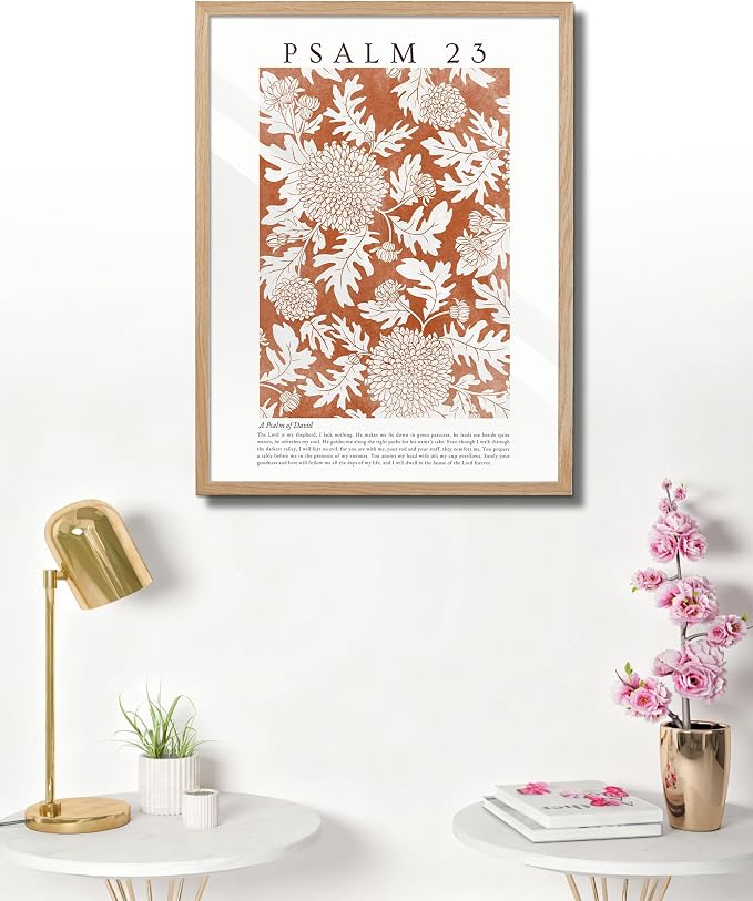 EcoHest 18x24 in Psalm 23 Orange Floral Botanical Framed Christian Wall Art | Solid Oak Wood Frame with Canvas Wall Art, Scripture Bible Verse Wall Decor for Bedroom, Living Room, Office, Church, 1Pack