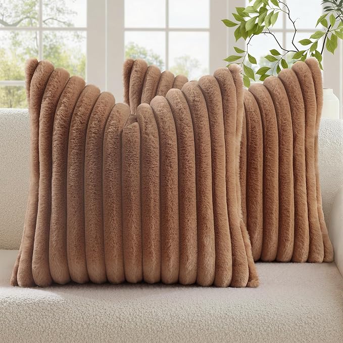 decorUhome Fall Faux Fur Throw Pillow Covers 22x22 Set of 2 Brown | Decorative Soft Cozy Striped Plush Modern Farmhouse Boho Couch Pillow Cases Velvet Back for Sofa Bed Living Room Home Decor