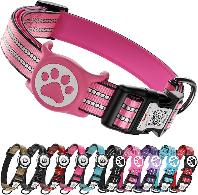 Waterproof AirTag Dog Collar with QR Code Dog Tag, Rose Red02 L | IP68 waterproof, QR code dog tag, Anti-Lost, Online profile, fits XS-L (8"-26"), Padded nylon, Reflective, No App, No Fees